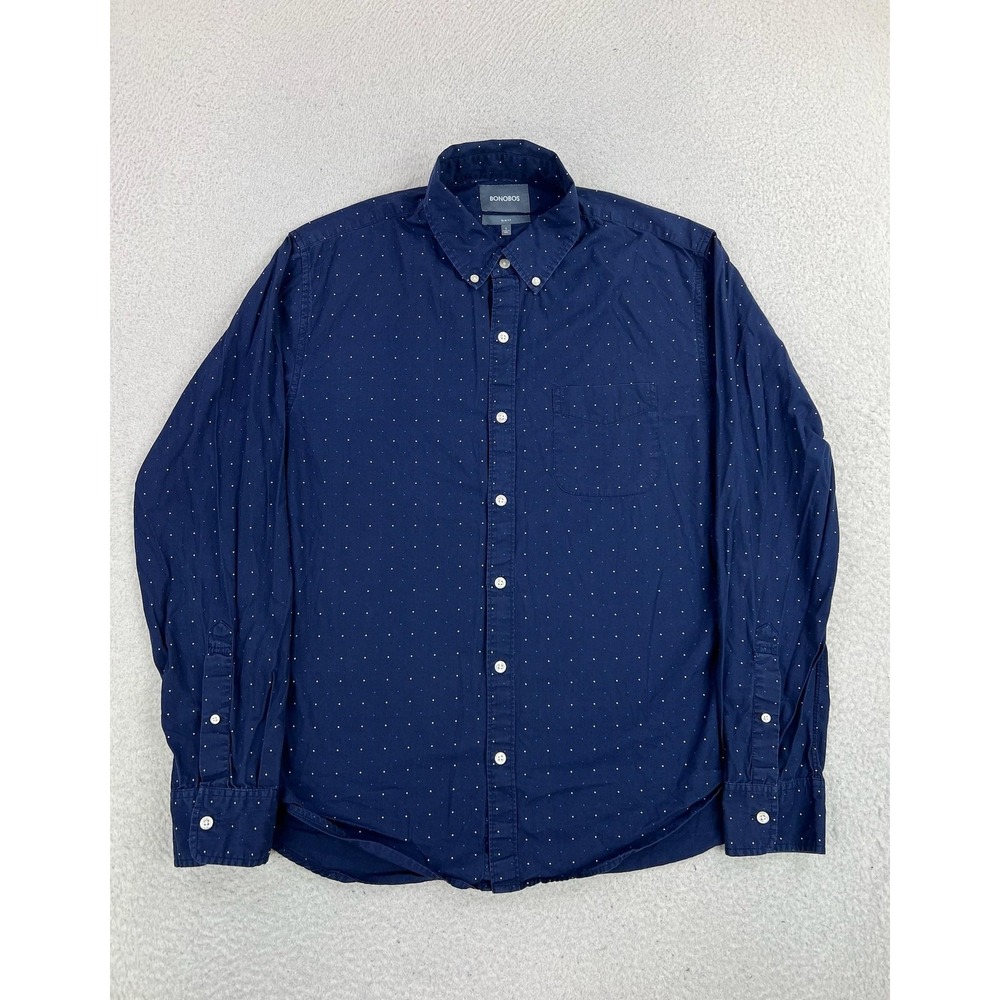 Bonobos Mens Large Blue Polka Dot Slim Fit Long Sleeve Button Up 17264-MT819